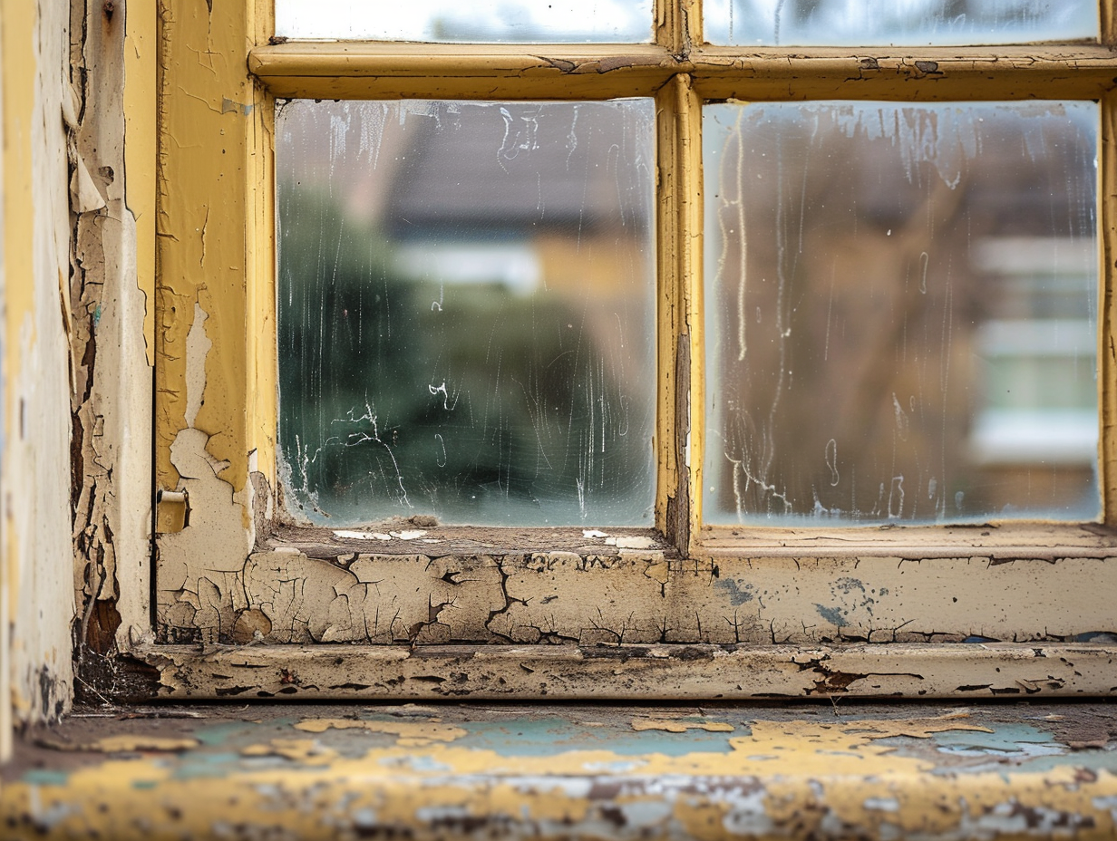 Before window restoration - faded yellowed uPVC